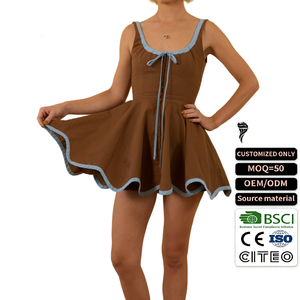 <span class=keywords><strong>Abito</strong></span> Mini in <span class=keywords><strong>Cotone</strong></span> Stile Retrò Marrone con Dettagli Blu, Vestito Senza Maniche a Trapezio per Donna, OEM ODM Personalizzabile - Product Image 1