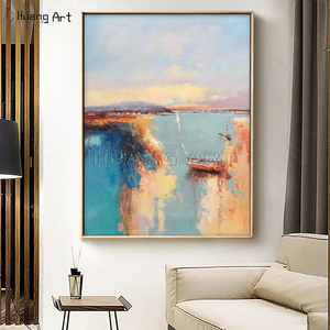 Pintura al óleo de paisaje de estilo moderno hecho a mano sobre lienzo pintor experto amanecer paisaje marino para decoración de habitación barco estacionado junto al <span class=keywords><strong>lago</strong></span> - Product Image 3