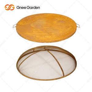 Parrilla de barbacoa de acero corten redonda compacta de color óxido con almacenamiento de madera para patio - Product Image 2