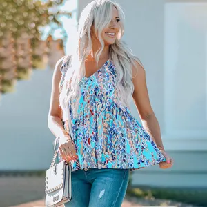 Großhandel ärmellose V-Ausschnitt Sommer Boho Muster gedruckt elegante Bluse Frauen Tops