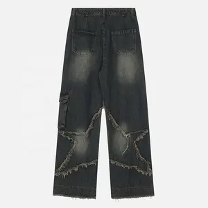 MJ209 özel kot streetwear denim pantolon yıldız desen erkekler için hip hop siyah kot erkekler