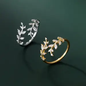 Classic Cute Design 18K Gold Plating 925 Sterling Silver Leaf Adjustable Finger Ring S925 Women