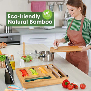 Bamboo plastic wrap <b>box</b> with cutter, pull-out <b>kitchen</b> <b>storage</b> container for plastic wrap, waste plastic bags, and dividers. - Product Image 4