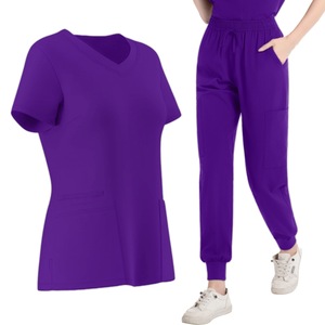 Women's Scrub Set Short Sleeve V Neck Top With Pockets Jogger Pants Purple Medical Uniform For Nurses And Salon Staff - Product Image 1