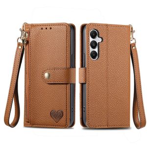 Funda con tapa tipo billetera con diseño de corazón para <span class=keywords><strong>Samsung</strong></span> A35 A55 con cuerda, para iPhone 15 Promax Funda de cuero con cremallera con ranuras para tarjetas - Product Image 1