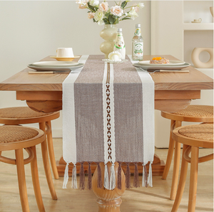 Barided Striped <strong>Table</strong> <strong>Runner</strong> Farmhouse <strong>Burlap</strong> <strong>Table</strong> <strong>Runner</strong> with Tassel Sequin TableCloth Decoration Jute <strong>Table</strong> <strong>Runner</strong> - Product Image 1
