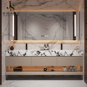 모던 호텔 욕실 세면대 화이트 대리석 상판 수납장 스트라이프 스타일 욕실장 공장 맞춤 제작 - Product Image 3