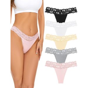 Lot de 5 tangas sans couture pour femmes, sous-vêtements en dentelle taille basse, culottes respirantes en mélange de coton, style sexy - Product Image 1