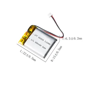 中国最佳制造商定制lipo电池603035 3.7V 600毫安时可充电锂聚合物电池组，用于数字工具