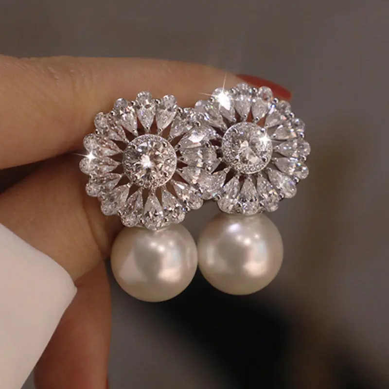 Baroque New Exquisite Flower Zircon Imitation Pearl Earrings Women Sweet Bridal Engagement Dinner Jewelry