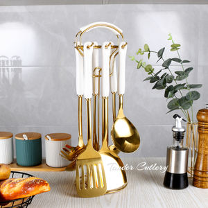 طقم أدوات طبخ ومطبخ ذهبي من 6 قطع بمقابض سيراميك جديدة، مجموعة أواني من الفولاذ المقاوم للصدأ، أدوات منزلية - Product Image 3