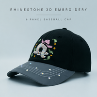 Topi Baseball 6 Panel Custom Bordir 3D Rhinestone Desain Kartun Dua Warna Snapback Adjustable Grosir Langsung dari Pabrik