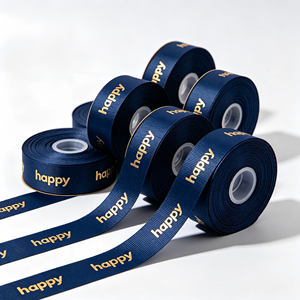 Light Blue Grosgrain <b>Ribbon</b> 1-1/2 Inch Gold Foil Printed Happy Text Single Face Gift Packaging Decorative Trim - Product Image 2
