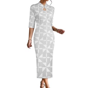 Prezzo all'ingrosso abito stretto con scollo a goccia di grandi dimensioni bianco <span class=keywords><strong>grigio</strong></span> disegno polinesiano samoano modello tribale abito estivo - Product Image 5