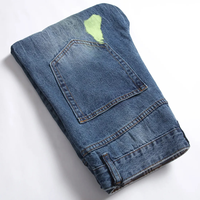 Jeans pour hommes en denim coloré camouflage patchwork effet éclaboussures, coupe skinny fuselée et déchirée, vente en gros OEM