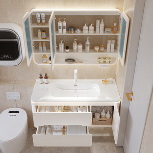 Modern Cream White Floating Bathroom <b>Vanity</b> Solid Wood Cabinet with Smart LED <b>Mirror</b> Integrated Sink - Product Image 2