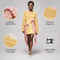 Robe pull courte en tricot à rayures dégradées pour femme, manches longues, rose, avec perles, volants et pompons, style décontracté, tenue de soirée tendance
