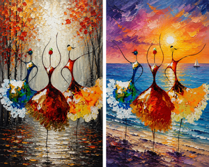 Cuadro Abstracto Pintado a Mano sobre Lienzo, Danza de los Amarillos, con Tres Bailarines Coloridos en Vestidos Vibrantes, Técnica Acrílica - Product Image 3