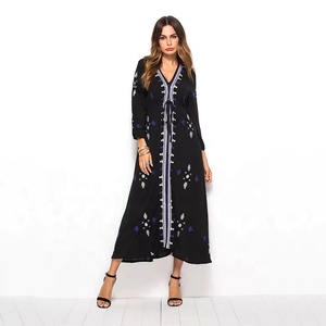 Abito da <span class=keywords><strong>donna</strong></span> rosso <span class=keywords><strong>etnico</strong></span> ricamato con scollo a V 3/4 con maniche a vita lunga Maxi abito - Product Image 5