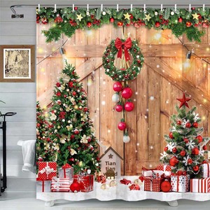 シャワーカーテン浴室バスカーテン冬クリスマスツリーデザイン木製納屋ドアパターン厚みのあるポリエステルシャワーカーテン - Product Image 2