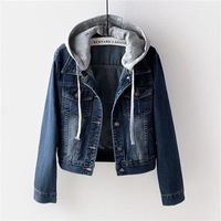 Women's Blue Denim Jacket with Hooded, Long Sleeve, Short