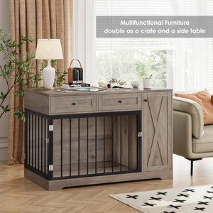 Cage pour chien, meuble de type niche, double porte, en bois, 2 tiroirs, facile à nettoyer, verrouillable, maison moderne pour toutes les saisons - Product Image 3