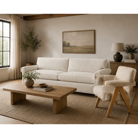 Ensemble de salon moderne en chêne avec canapé 3 places en tissu, fauteuil d'appoint en polaire Teddy et table basse en bois massif