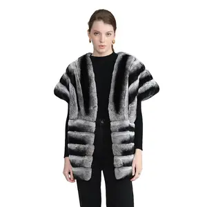Hot Selling Natural Chinchilla Fur Poncho Women Trendy Real Rex Rabbit Fur Shawl