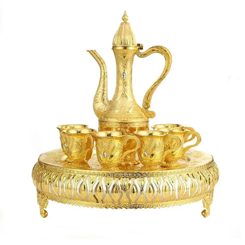 QIAN HU dekorasyon ev türk dökme demir kahve çay seti Inter kristal taş çaydanlık tepsisi ve 6 bardak