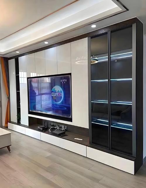 2025 Luxury Customized Wooden TV Wall Panel Cabinets Modern Grille Stone Grain Background LED Feature Farmhouse Home Furniture