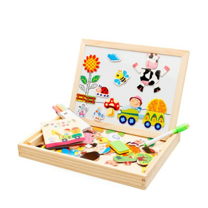榆次男孩女孩木制儿童益智玩具画架双面干擦板拼图游戏2in1绘图板 - Product Image 1