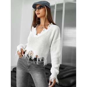 Pull blanc à épaules tombantes, à bords effilochés, en tricot pour femme - Product Image 2