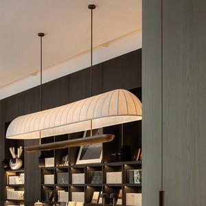 Lámpara colgante larga estilo Wabi Sabi con tela color crema para restaurante, salón de té, bar, hotel, casa de huéspedes, LED E27, tres cabezas. - Product Image 4