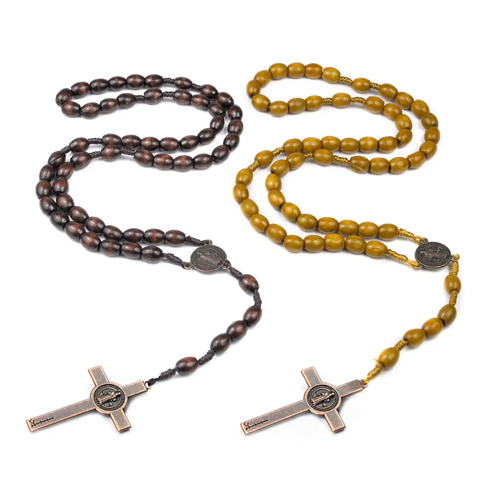 8*10mm Wood Beads Meditation Prayer Necklace Crucifix Pendant Rosary Beads Religious Jewelry