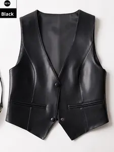 2025 Spring Autumn New Genuine Leather <b>Women</b> Sheepskin Slim Fit Short Sleeveless Casual Versatile V-neck <b>Tank</b> <b>Top</b> for Suits Made - Product Image 5