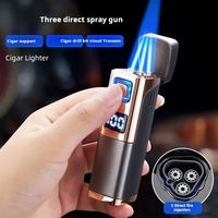 Briquet torche à flamme jet électrique triple bleu portable en gros, rechargeable, logo personnalisé, cadeau d'affaires pour fumer des cigarettes