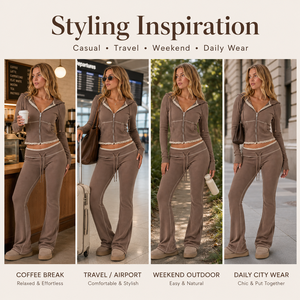 Ensemble deux pièces décontracté vintage Y2K pour filles, avec sweat à capuche zippé côtelé marron moka à bordure en dentelle et pantalon évasé, coupe ajustée, personnalisable, vente en gros - Product Image 5