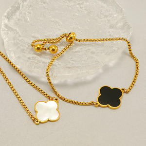 Adjustable 18K Gold Plated Stainless Steel <b>Shell</b> Pearl Zircon Four-Leaf Clover Shape Chain & Link <b>Bracelet</b> Bangles for Girl Gift - Product Image 2