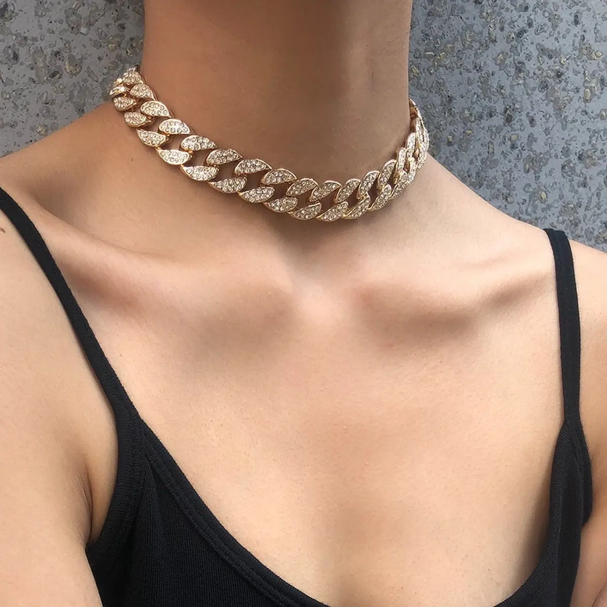 Mode Miami Kuba Tautan Choker Emas Hip-Hop Es Keluar dari Bling CZ Paved Rapper Kalung Rantai Perhiasan