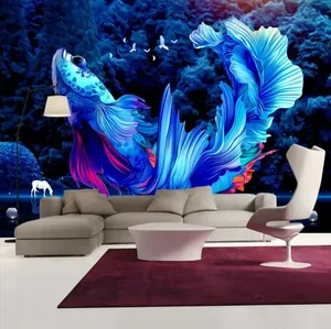 Papel de parede 3D abstrato para decoração de interiores de hotel, sofá com tema de TV, parede 3D azul guppy personalizada