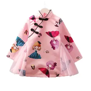 2023 Girls Dress Kids Dresses for Girl Chinese Style Elegant Baby Clothes New Year Tutu Cartoon Printed Qipao Vestidos
