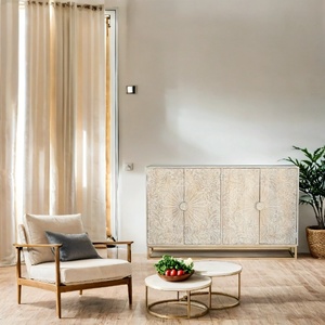 Hand-Carved Wooden <b>Sideboard</b> Cabinet with Floral Sunburst Design | Antique White <b>Storage</b> Console with Metal Base | Living Room - Product Image 1