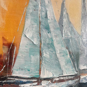 <span class=keywords><strong>Peinture</strong></span> de bateau à voile au coucher du soleil, art mural panoramique côtier, <span class=keywords><strong>peinture</strong></span> à l'huile abstraite bleue et orange peinte à la main sur toile, art mural - Product Image 6