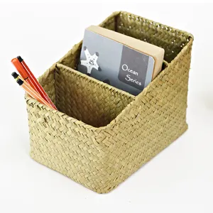 Set of 2 economical practical multifunctional 3-section wicker storage organizer best selling woven basket straw