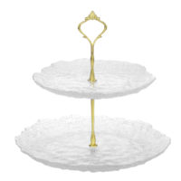 Présentoir à dessert 2 niveaux en verre sodocalcique de 10 pouces avec poignées dorées, plateaux carrés texturés, assiette classique durable pour les fêtes