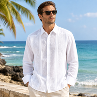 Chemise Guayabera OEM pour homme 100 % lin, manches longues, col cubain brodé, idéale pour les vacances, la plage, les mariages, chemise décontractée personnalisée pour l'été