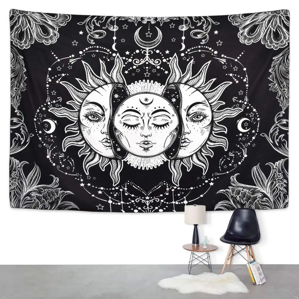 Sun and Moon Tapestry Burning Sun with Star Tapestry Black and White Mystic Tapestry Wall Hangings