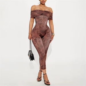 จั๊มสูทลายเสือดาว PEEQI J25JP458 สำหรับผู้หญิง คอเฉียง แต่งระบาย ผ้าต่อกัน ดีไซน์หรูหรา เซ็กซี่ ยืดหยุ่น เหมาะสำหรับใส่ออกงานกลางคืน - Product Image 2