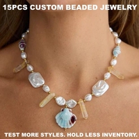 Collier ras du cou en perles de pierres précieuses marines à faible MOQ, pendentif coquillage, pierre naturelle, perle d'eau douce, collier de plage, bijoux en coquillages superposés