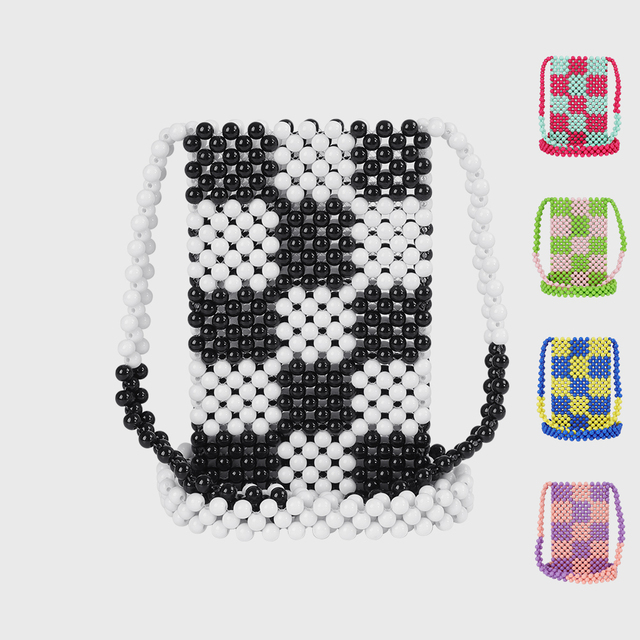 Fresh Sweet Acrylic Beaded Shoulder Mobile Phone Bag Handmade Pouch Crossbody Patchwork Checked Arts Multicolor Cellphone Bag